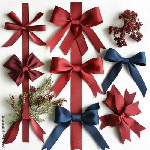 Set of red ribbon bows and ribbons for decoration, isolated on a white background. A collection with different shapes and styles, shown in a top view.