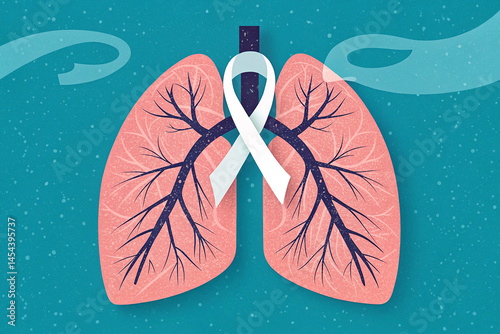 Lung Cancer Awareness: Illustrated Ribbon on Pink Lungs