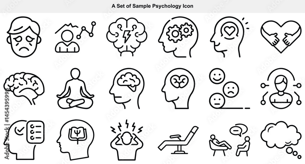 Fototapeta premium Line art portrays diverse psychological concepts including mental processes, therapy, and emotional states