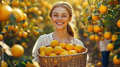Experience the warmth of a sunny day in an orange orchard with a happy woman gathering fruit. This delightful scene brings joy and a sense of connection to nature. AI