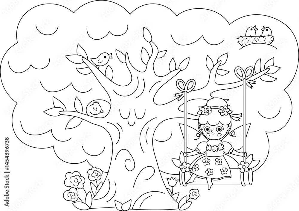 Fototapeta premium Vector black and white scene with flower fairy on swing, big tree, birds. Line composition with girl. Cute scenery with magic princess with meadow. Fantasy illustration, coloring page