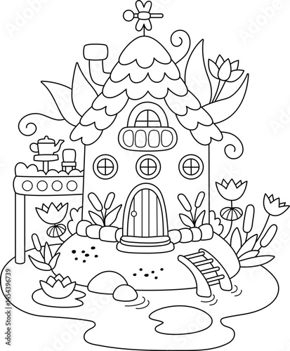 Vector black and white swamp fairy house line icon. Woodland princess home clipart. Fantasy forest cottage illustration, coloring page. Magic fairytale dwelling with reeds, water lily, dragonfly