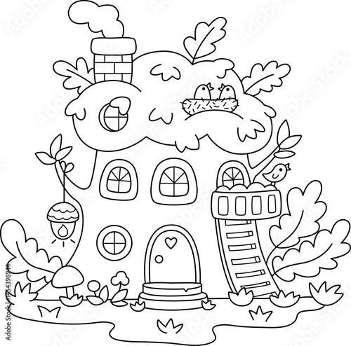 Vector black and white acorn fairy house line icon. Woodland princess home clipart. Fantasy forest cottage illustration, coloring page. Magic fairytale dwelling, treehouse shaped as tree