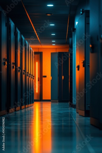 Dark server hallway lit by orange light