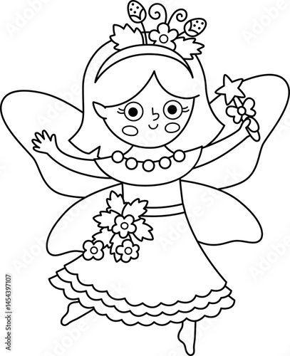 Vector black and white berry fairy icon. Cute little girl with wings. Woodland princess line clipart. Fantasy forest fay illustration, coloring page. Magic fairytale creature in strawberry dress