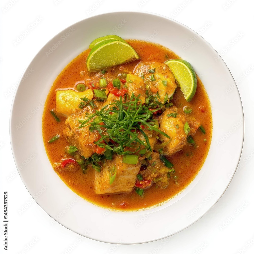 Delicious Fish Curry with Fresh Herbs and Lime Wedges in White Bowl Delicious Fish Curry with Fresh Herbs and Lime Wedges in White Bowl