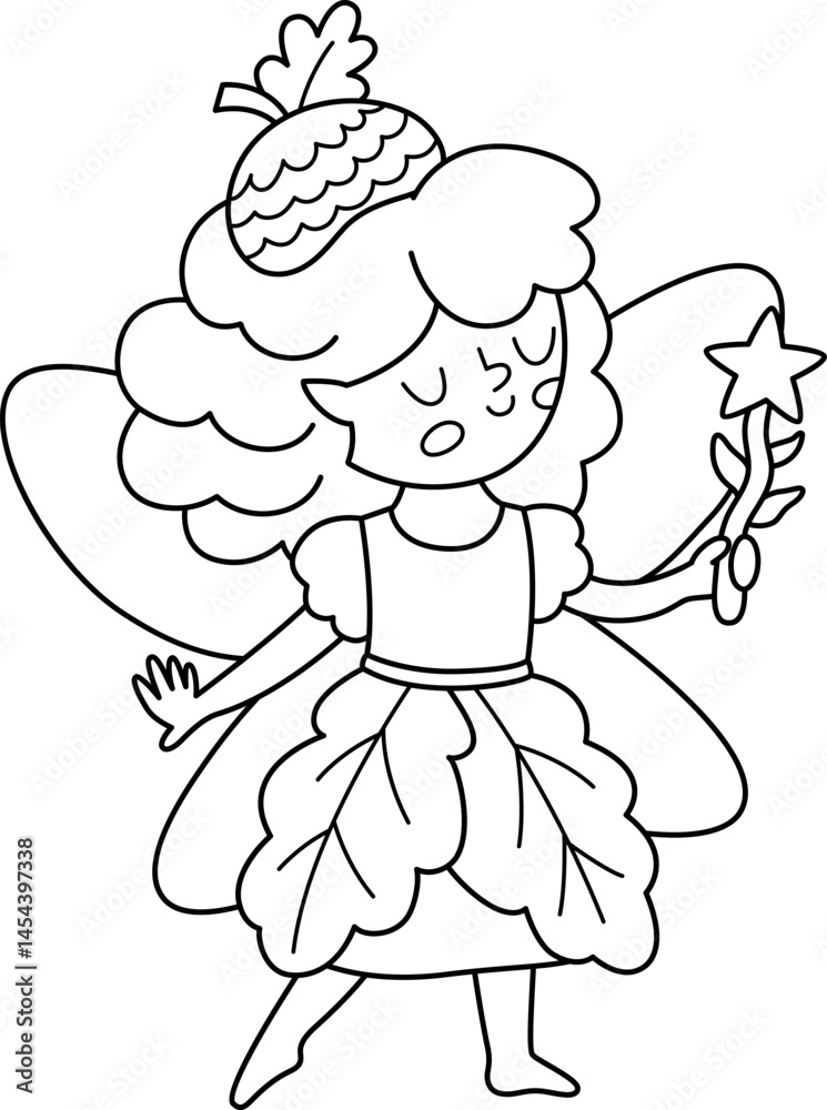 Fototapeta premium Vector black and white acorn fairy icon. Cute little girl with wings. Woodland princess line clipart. Fantasy forest fay illustration, coloring page. Magic fairytale creature in leaf dress