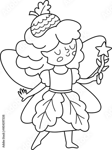 Vector black and white acorn fairy icon. Cute little girl with wings. Woodland princess line clipart. Fantasy forest fay illustration, coloring page. Magic fairytale creature in leaf dress