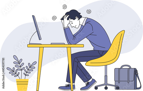 Tired frustrated working man in front of his computer at his desk. Overwhelming dizzy at work office. Colored flat vector illustration of fatigue employee with headache isolated on white background.