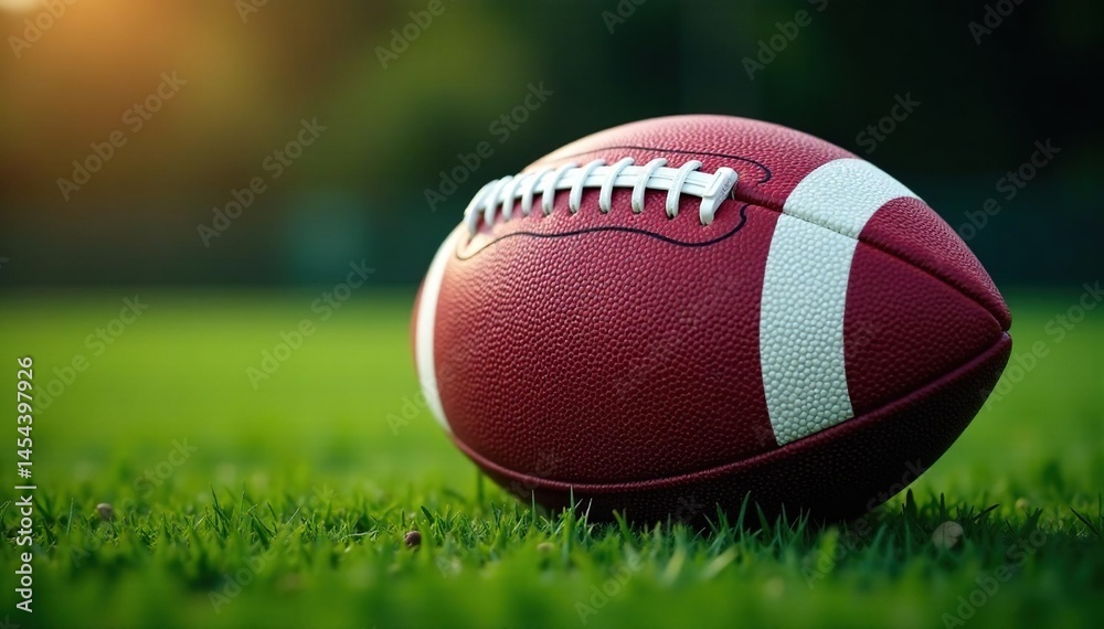 Close-up of an American football, laces visible , closeup, equipment, texture Close-up of an American football, laces visible , closeup, equipment, texture
