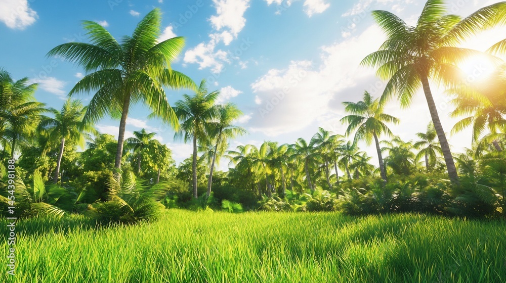 Obraz premium Lush Tropical Paradise with Palm Trees, Green Grass, and Azure Sky