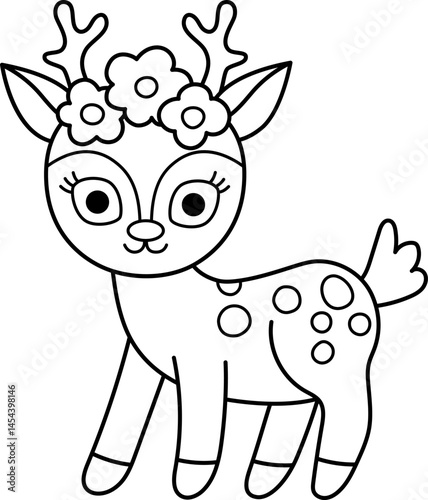 Vector black and white deer icon. Magic creature line clipart. Cute fairytale character. Woodland fantasy animal with flowers on horns. Forest fairy tale illustration, coloring page