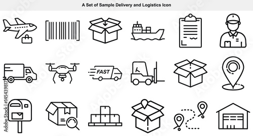 Line icons showcase delivery, shipping, and logistics, representing various cargo transportation methods and essential services