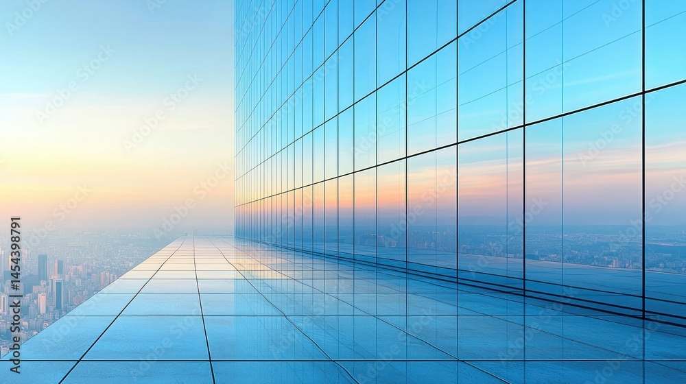 Glass building corner reflecting skyline, sunrise light Glass building corner reflecting skyline, sunrise light
