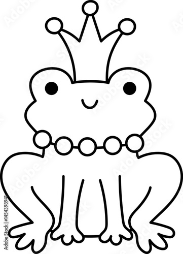 Vector black and white frog prince or princess icon. Magic creature line clipart. Cute fairytale character. Woodland fantasy animal with crown on head. Forest fairy tale illustration, coloring page