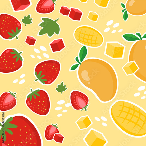 Strawberry and mango seamless pattern. Sweet and delicious fruit illustration. Can be used for wallpaper, print and fashion fabric