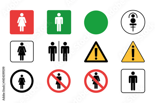 Restroom signs gender symbols and warning icons set