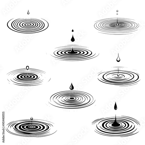 Minimalist black and white logo of a single water droplet touching the surface, creating gentle ripples with subtle pastel shading on a white background — evoking calm, balance, and elegance.
