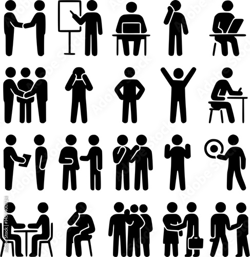 Business and Office Stick Figure Icon Set – Communication, Meeting, and Work Activities