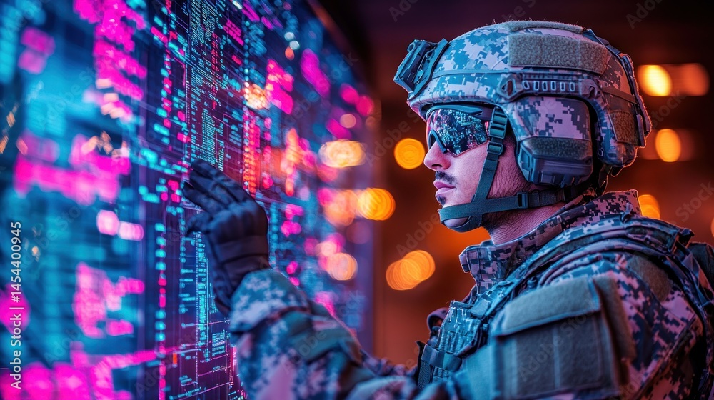 Fototapeta premium Soldier analyzes complex interface with neon glowing data