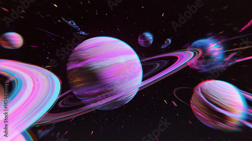 Vibrant illustration of colorful distant galaxy with planets and stars