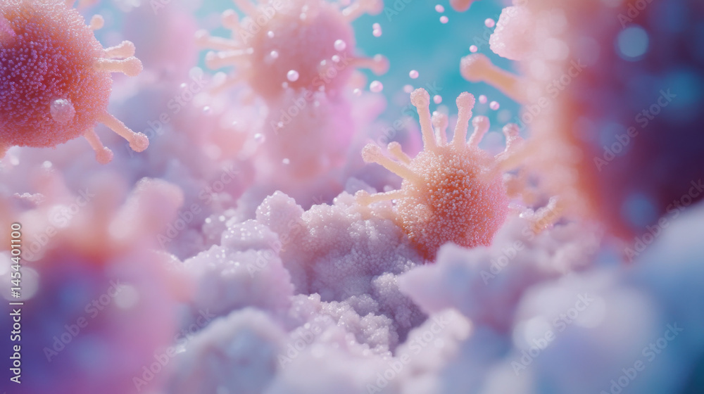 Microscopic view of vibrant virus cell in a colorful digital illustration Microscopic view of vibrant virus cell in a colorful digital illustration