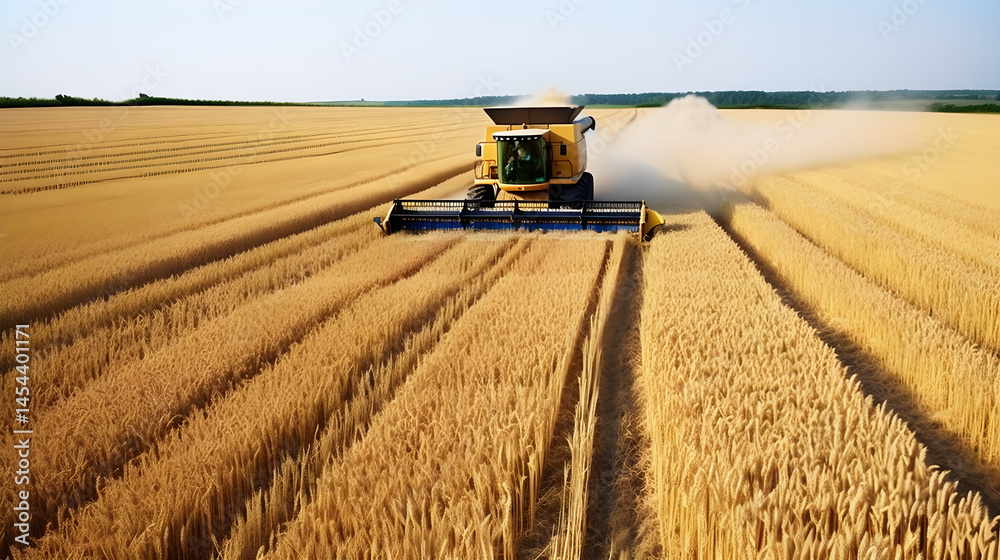 Fototapeta premium A combine harvester harvesting wheat in a vast, golden field under a clear sky.