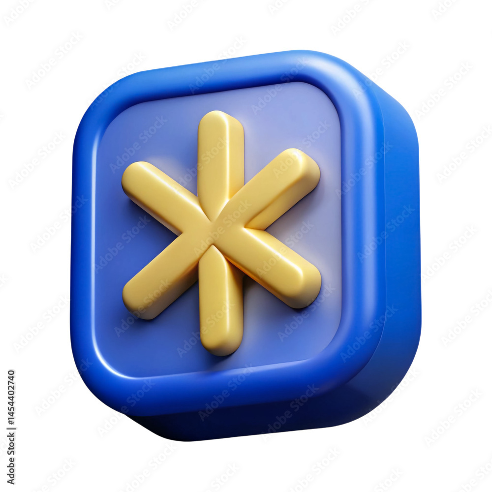Obraz premium Shiny gold asterisk 3D icon in a blue square frame on transparent background High quality 3D render perfect for UI