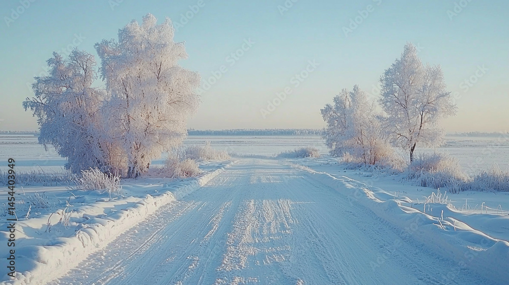 Obraz premium Frosted trees and snowy road landscape