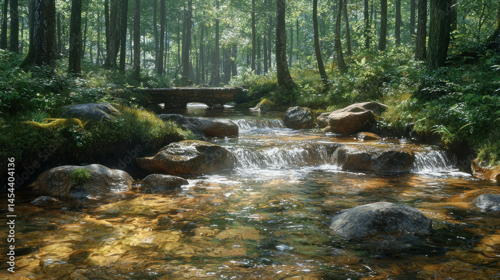 Obraz premium Forest stream with wooden bridge