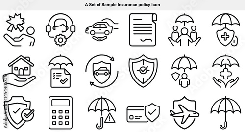 Outlined insurance icon set presents concepts like home, travel, and medical protection against risk