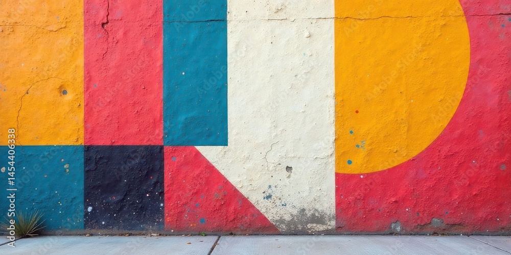 Naklejka premium Vibrant Geometric Mural on Weathered Concrete Wall with Small Plant