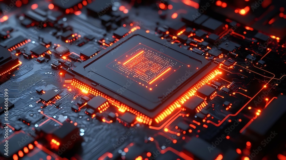 黒い基板に赤い光が輝く未来的なコンピューターチップのクローズアップ 黒い基板に赤い光が輝く未来的なコンピューターチップのクローズアップ