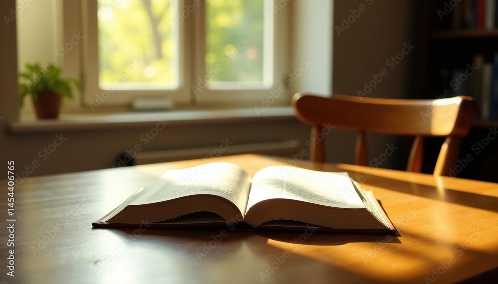 Empty chair at table, sunlight streaming, book, cozy, solitude, rest Empty chair at table, sunlight streaming, book, cozy, solitude, rest