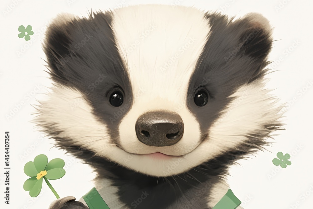 Fototapeta premium Happy badger portrait with black and white stripes, holding clover