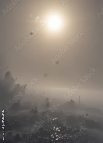 Dense, grey smog obscures the sun, leaving a hazy sky ,  unhealthy air,  atmospheric phenomenon,  limited visibility