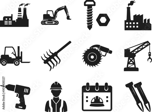 showcases factory, excavator, fastener, forklift, rake, saw, crane, drill, worker and nails