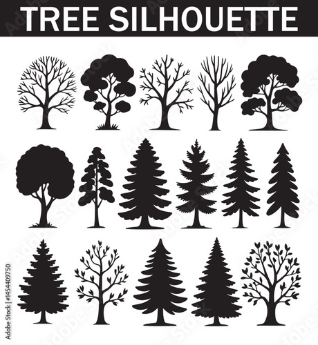 Silhouette of different evergreen and deciduous trees, ideal for illustrating natural landscapes and environmental topics.