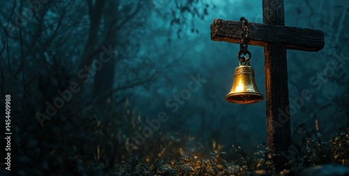 A Golden Bell Hanging from a Cross in a Dark Forest
