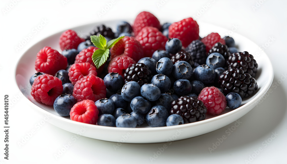 A white plate filled with blueberries, raspberries and blackberries. A white plate filled with blueberries, raspberries and blackberries.