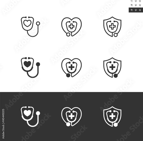 Stethoscope icon set in outline and solid styles. The objects are divided by a white line, with no cutting path that can be moved for editing the design. Editable stroke.