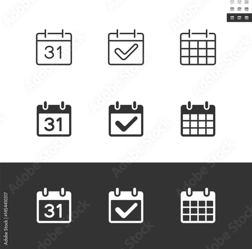 Calendar icon set in outline and solid styles. The objects are divided by a white line, with no cutting path that can be moved for editing the design. Editable stroke.