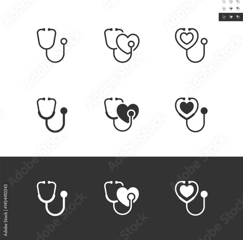 Stethoscope icon set in outline and solid styles. The objects are divided by a white line, with no cutting path that can be moved for editing the design. Editable stroke.