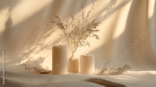 Natural mood image with candle arrangement and plant on beige textile background generative ai