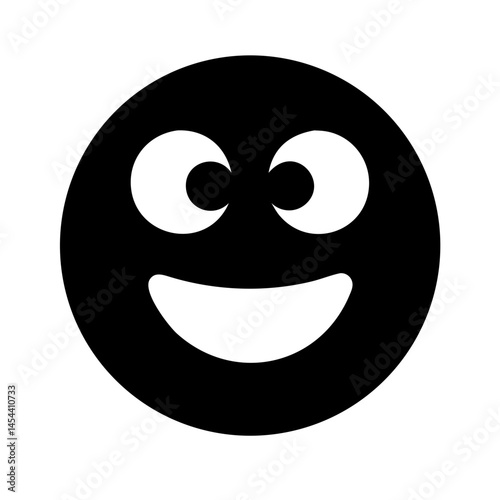 标题：
Black circular vector happy - style emoji icon with large white eyes and a smiling mouth, perfect for expressing positive emotions in digital media, social platforms, and friendly communications.