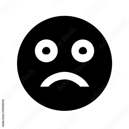 Black circular vector sad - style emoji icon with large white eyes and a downturned mouth, suitable for expressing melancholy or disappointment in digital communications, social media, and emotional 