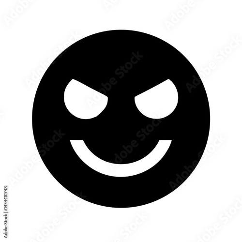 Black Circle Evil Smile Vector - Style emoji icon with sharp white eyes and upturned mouth, perfect for conveying cunning or a hint of evil in digital interactions, games, or weird themed content.