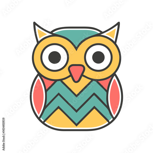 Vector flat - style owl icon with bright colors and simple lines, ideal for use in children's books, educational materials, or playful digital interfaces.