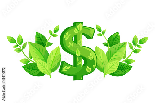 Vector eco - finance - style icon with a green dollar sign surrounded by leaves, suitable for sustainable finance, green investment, or environmental - economic themes.