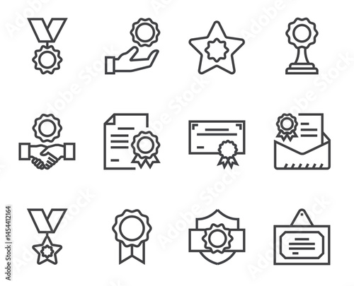 Award winners medals trophy awarding line art icons set. Flat graphic design cartoon illustration